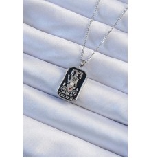 316L Çelik Zincir Gümüş Renk Siyah Mineli Tarot Kolye