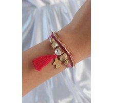 Pembe Renk Zirkon Taşlı Püskül Detay Deri Çoklu Bileklik