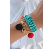 Turkuaz Renk Kar Tanesi Figür Zincir Detay İpli Çoklu Bileklik