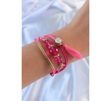 Pembe Zirkon Taşlı İpli Püskül Detay Çoklu Bileklik