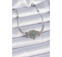 316L Çelik Gümüş Renk Mavi Taşlı Etnik Desen Kadın Bileklik