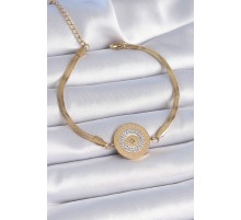 316L Çelik Gold Renk İtalyan Zincir Zirkon Taşlı Göz İşlemeli Madalyon Model Kadın Bileklik