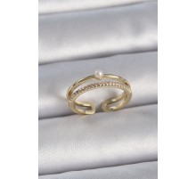 Pirinç Gold Renk Zirkon Taşlı İnci Detay Ayarlanabilir Model Kadın Yüzük