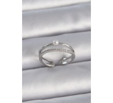 Pirinç Gümüş Renk Zirkon Taşlı İnci Detay Ayarlanabilir Model Kadın Yüzük