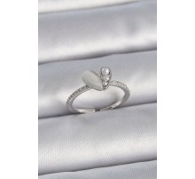 Pirinç Gümüş Renk Ayarlanabilir Zirkon Taşlı İncili Beyaz Mineli Kalp Model Kadın Yüzük