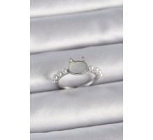 Pirinç Gümüş Renk Ayarlanabilir Beyaz Mineli Kedi Model İnci Detay Kadın Yüzük