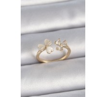 Pirinç Gold Renk Ayarlanabilir Zirkon Taşlı Kalp Beyaz Mineli Model Kadın Yüzük