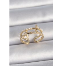 Pirinç Gold Renk Ayarlanabilir Zirkon Taşlı İncili Yıldız Model Kadın Yüzük