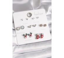 Pirinç Gümüş Renk 7 Çift Zirkon Taşlı Yıl Başı Temalı Kadın Küpe Seti