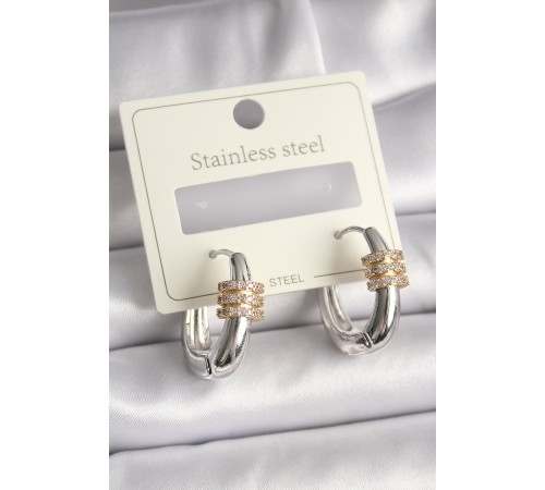 316L Çelik Gümüş Renk Halka Zirkon Gold Zirkon Taşlı Kadın Küpe