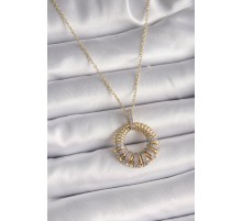 316L Çelik Gold Renk Zincir Gümüş Zirkon Taşlı Daire Model Kadın Kolye