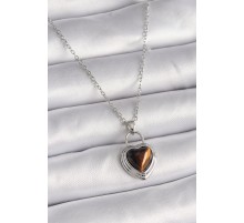 316L Çelik Gümüş Renk Zincir Kilit Kalp Kehribar Boncuk Model Kadın Kolye