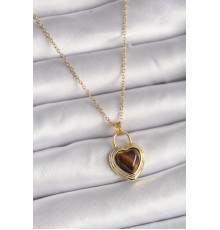 316L Çelik Gold Renk Zincir Kilit Kalp Kehribar Boncuk Model Kadın Kolye