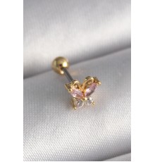 316L Çelik Gold Renk Pembe Zirkon Taşlı Kelebek Tragus Piercing