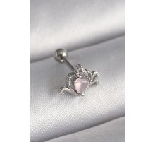 316L Çelik Gümüş Renk Pembe Mineli Kalp Zirkon Taş Detay Tragus Piercing
