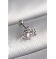 316L Çelik Gümüş Renk Pembe Mineli Kalp Zirkon Taş Detay Tragus Piercing
