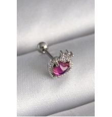 316L Çelik Gümüş Renk Pembe Mineli Kalp Zirkon Taş Detaylı Taç Tragus Piercing