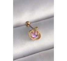 316L Çelik Gold Renk Pembe Mineli Kalp Zirkon Taş Detay Tragus Piercing