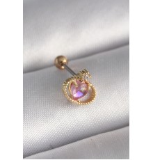 316L Çelik Gold Renk Pembe Mineli Kalp Zirkon Taş Detay Tragus Piercing