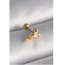 316L Çelik Gold Renk Zirkon Taş Detay Pembe Kalp İşleme Tragus Piercing
