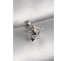 316L Çelik Gümüş Renk Siyah Zirkon Taş Detay Örümcek Ağ Model Tragus Piercing