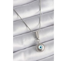 316L Çelik Gümüş Renk Zirkon Taşlı Nazar Boncuk Model Kadın Kolye