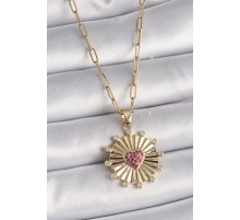 316L Çelik Gold Renk Pembe Zirkon Taşlı Kalp İşleme Madalyon Model Kadın Kolye