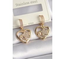 Pirinç Gold Renk Zirkon Taşlı Kalp Model Ay Yıldız İşleme Kadın Küpe