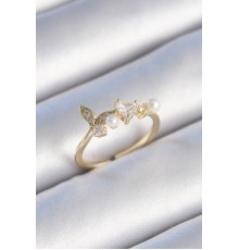 Pirinç Gold Renk Zirkon Taşlı Kalp Yaprak Model İnci Detay Kadın Yüzük