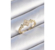 Pirinç Gold Renk İncili Yonca Model Zirkon Taş Detay Kadın Yüzük