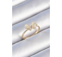 Pirinç Gold Renk Beyaz Mineli Zirkon Taşlı Kelebek Model Kadın Yüzük