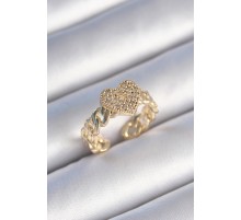 Pirinç Gold Renk Zincir Kordon Zirkon Taşlı Kalp Model Kadın Yüzük