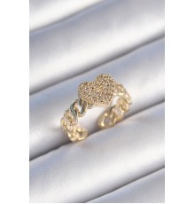 Pirinç Gold Renk Zincir Kordon Zirkon Taşlı Kalp Model Kadın Yüzük