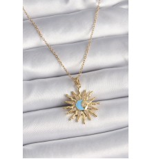 316L Çelik Gold Renk Zincir Zirkon Taşlı Güneş Model Mavi Ay İşleme Kadın Kolye