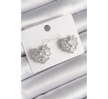 Pirinç Gümüş Renk Zirkon Taşlı Kalp Model Kadın Küpe