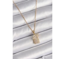 316L Çelik Gold Renk Zincir Zirkon Taşlı Asma Kilit Anahtar Model Kadın Kolye