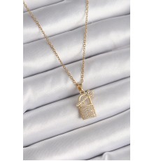 316L Çelik Gold Renk Zincir Zirkon Taşlı Asma Kilit Anahtar Model Kadın Kolye