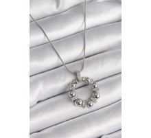 316L Çelik Gümüş Renk Zincir Zirkon Taş Detaylı Bombeli Halka Model Kadın Kolye