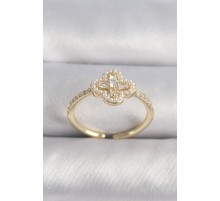 Pirinç Gold Renk Zirkon Taşlı Yonca Model İnci Detay Kadın Yüzük