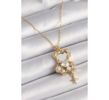 316L Çelik Gold Renk Zincir Ayna Ayıcık Model Zirkon Taşlı Kalp Model Kadın Kolye