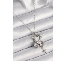 316L Çelik Gümüş Renk Ayna Ayıcık Model Zirkon Taşlı Kalp Detay Kadın Kolye