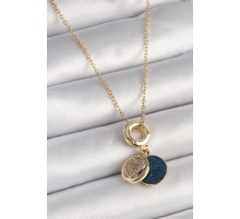 316L Çelik Gold Renk Zincir Zirkon Taşlı Kalp Model Mavi Simli Kadın Kolye