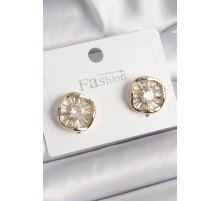 Pirinç Gold Renk Zirkon Taşlı Yonca Model Kadın Küpe