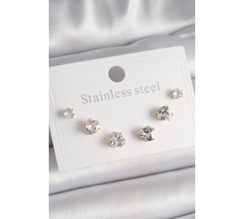 316L Çelik Gold Renk Zirkon Taşlı Kalp Model Kadın Küpe Seti