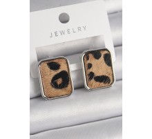 Pirinç Gümüş Renk Leopar Desenli Kare Model Kadın Küpe