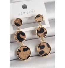 Pirinç Gold Renk 3'Lü Leopar Desenli Sallantı Daire Plaka Model Kadın Küpe
