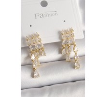 Pirinç Gold Renk Zirkon Taşlı Yağmur Model Kadın Küpe