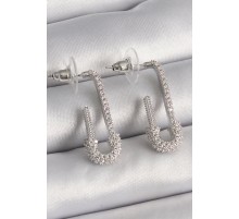 Pirinç Gümüş Renk Zirkon Taşlı Çengelli İğne Model Kadın Küpe