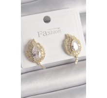 Pirinç Gold Renk Zirkon Taşlı Yaprak Model Kadın Küpe