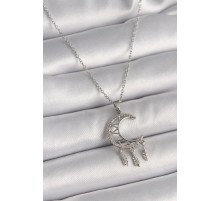 316L Çelik Gümüş Renk Zincir Zirkon Taşlı Hilal Model Sallantı Yaprak Detay Kadın Kolye